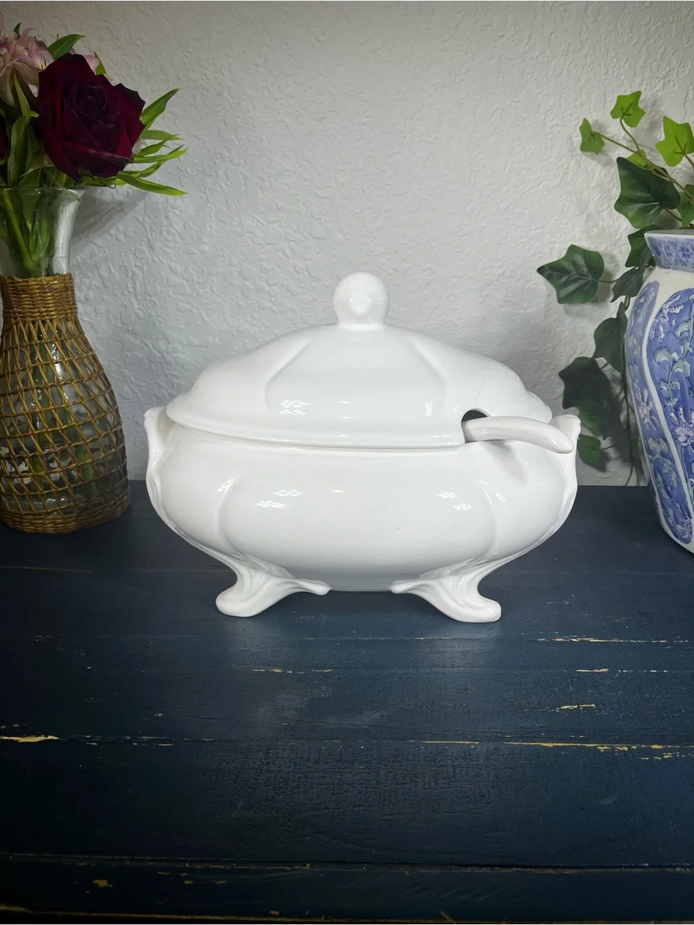 Classic White Porcelain Covered Soup Tureen with Ladle Loucartes, Portugal